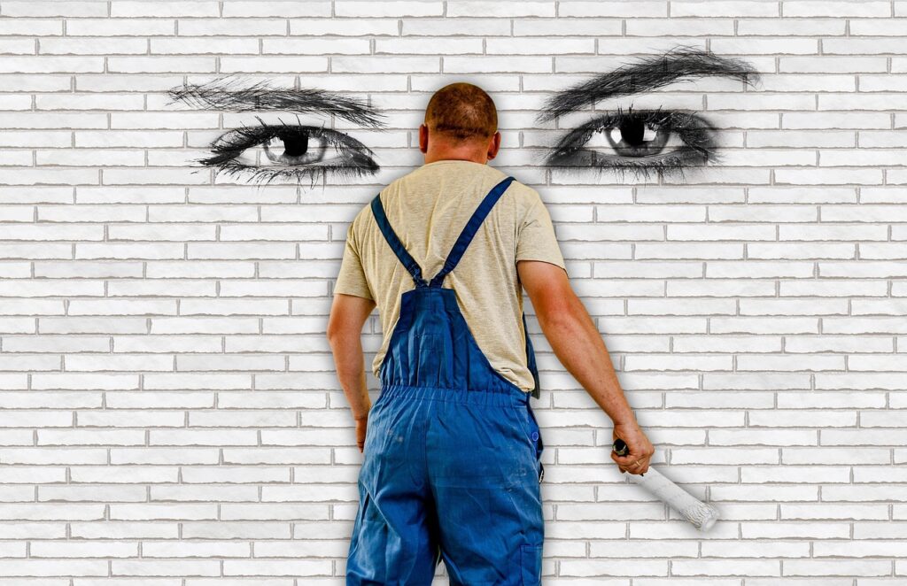 painter, house painter, wall, eyes, stones, to paint, painting, to brush, ink roller, roller, figure, work, craft, view, advertising, profession, look at